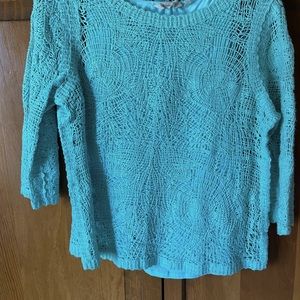 Soft Surroundings light weight aqua sweater and shell crochet-look ensemble.